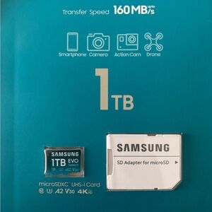 Samsung 1TB EVO Select microSDXC Card with White SD Adapter - Teal Background